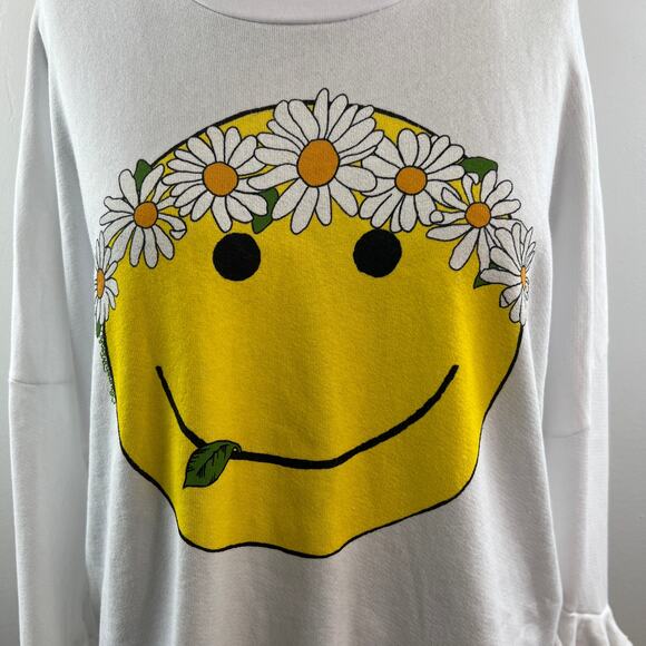 Lauren Moshi White Yellow Sweatshirt Happy Daisy Peace Crew Neck Sz Medium NEW - Picture 6 of 13